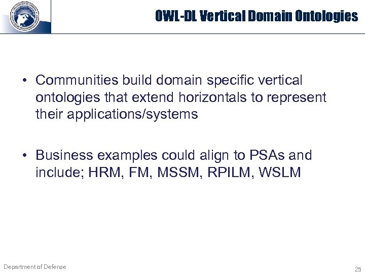 OWL-DL Vertical Domain Ontologies • Communities build domain specific vertical ontologies that extend horizontals