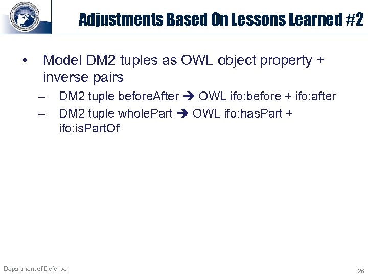 Adjustments Based On Lessons Learned #2 • Model DM 2 tuples as OWL object