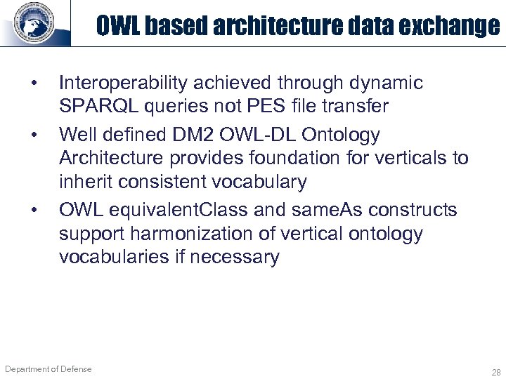 OWL based architecture data exchange • • • Interoperability achieved through dynamic SPARQL queries