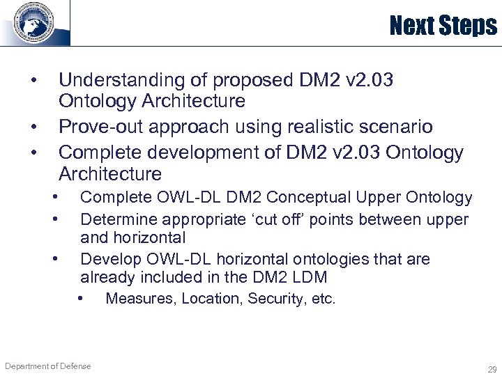 Next Steps • Understanding of proposed DM 2 v 2. 03 Ontology Architecture Prove-out