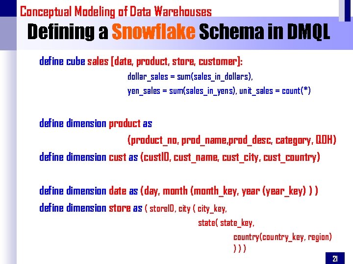 Conceptual Modeling of Data Warehouses Defining a Snowflake Schema in DMQL define cube sales