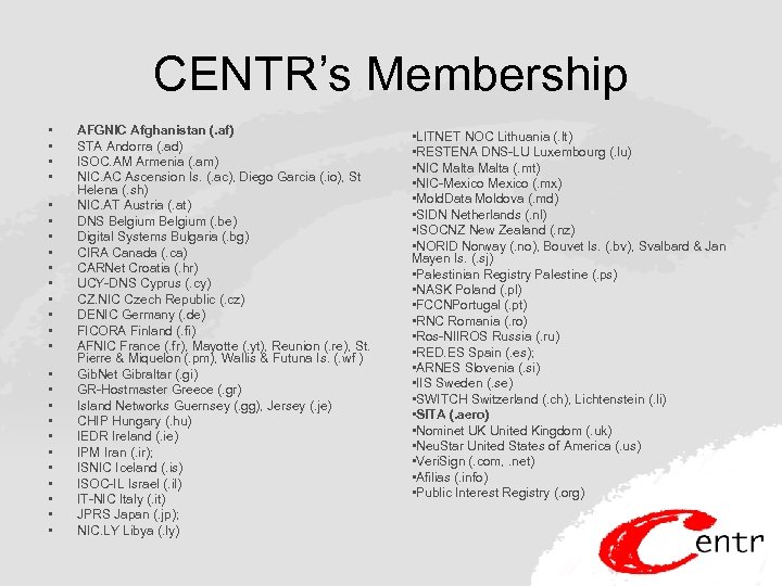 CENTR’s Membership • • • • • • • AFGNIC Afghanistan (. af) STA