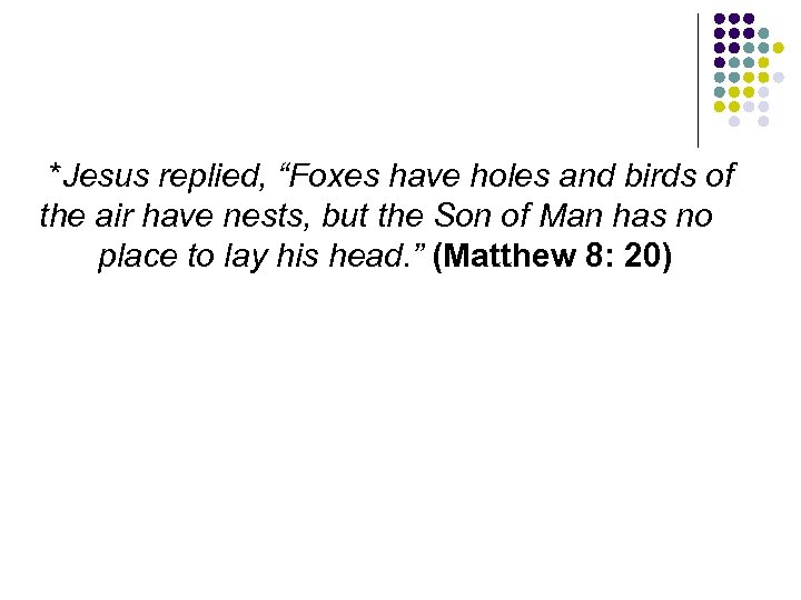 *Jesus replied, “Foxes have holes and birds of the air have nests, but the