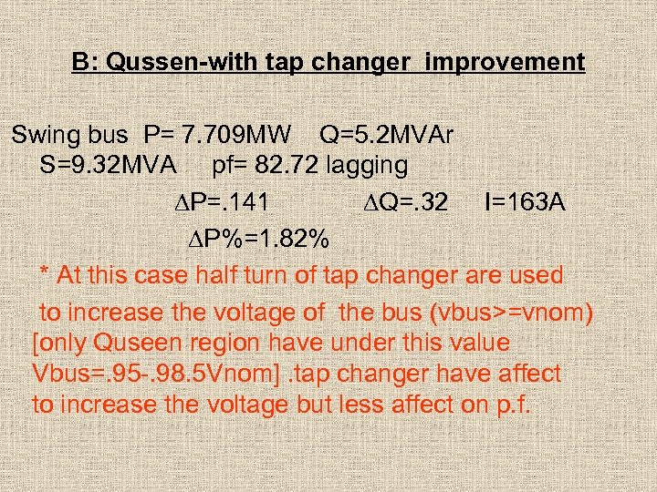 B: Qussen-with tap changer improvement Swing bus P= 7. 709 MW Q=5. 2 MVAr