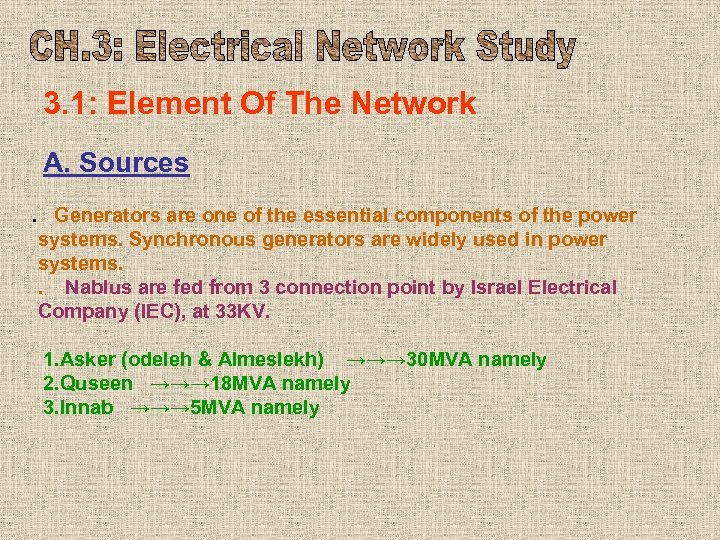 3. 1: Element Of The Network A. Sources. Generators are one of the essential