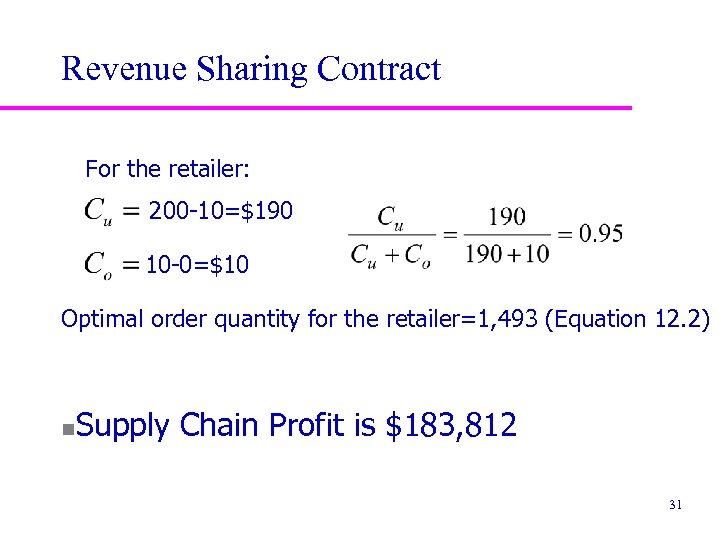 Revenue Sharing Contract For the retailer: 200 -10=$190 10 -0=$10 Optimal order quantity for