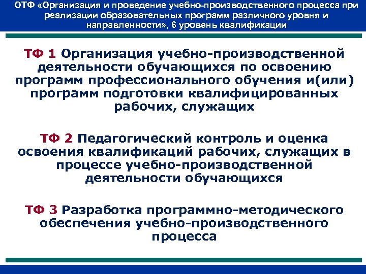 ОТФ «Организация и проведение учебно-производственного процесса при реализации образовательных программ различного уровня и направленности»