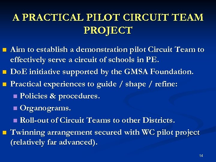A PRACTICAL PILOT CIRCUIT TEAM PROJECT n n Aim to establish a demonstration pilot
