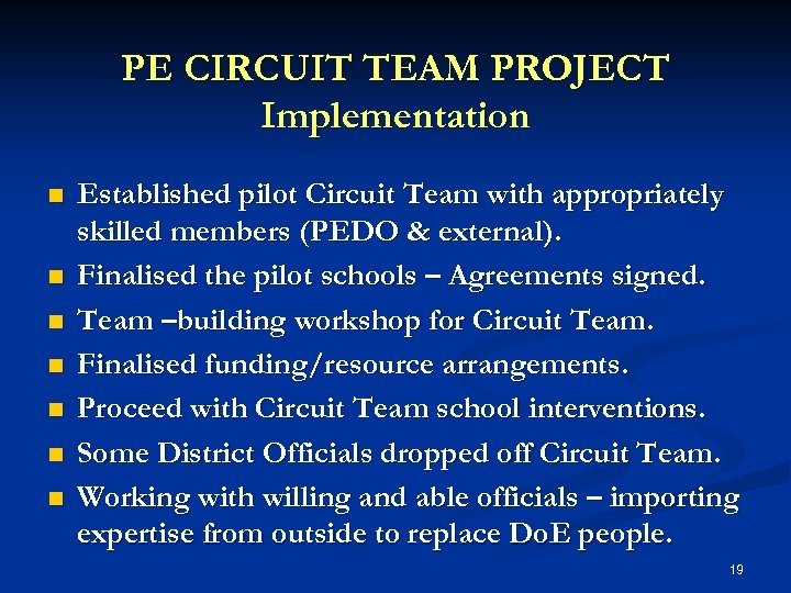PE CIRCUIT TEAM PROJECT Implementation n n n Established pilot Circuit Team with appropriately