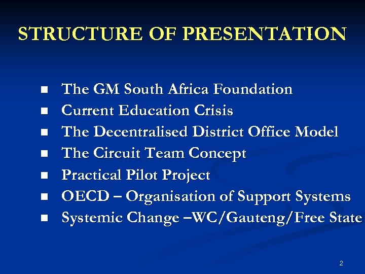 STRUCTURE OF PRESENTATION n n n n The GM South Africa Foundation Current Education