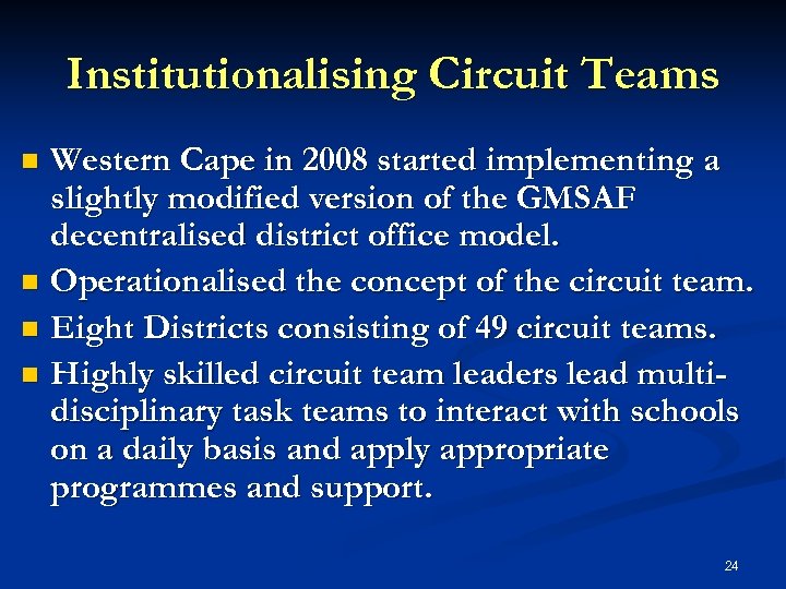 Institutionalising Circuit Teams Western Cape in 2008 started implementing a slightly modified version of