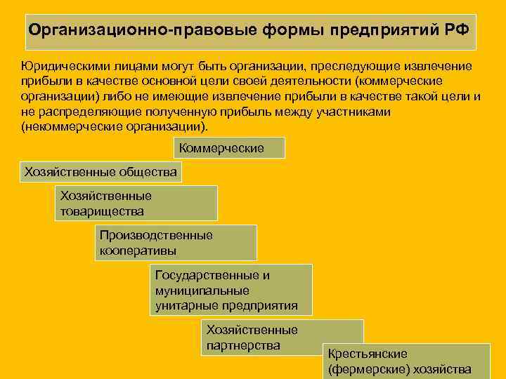 Организационно-правовые формы предприятий РФ Юридическими лицами могут быть организации, преследующие извлечение прибыли в качестве