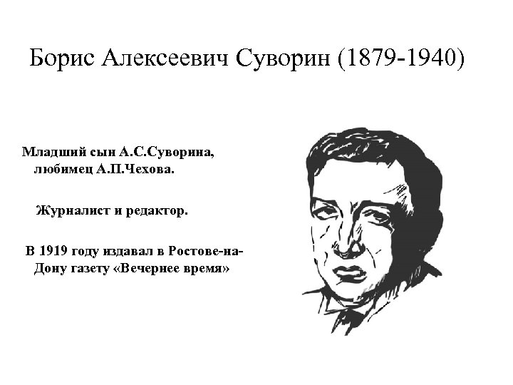 Борис Алексеевич Суворин (1879 -1940) Младший сын А. С. Суворина, любимец А. П. Чехова.