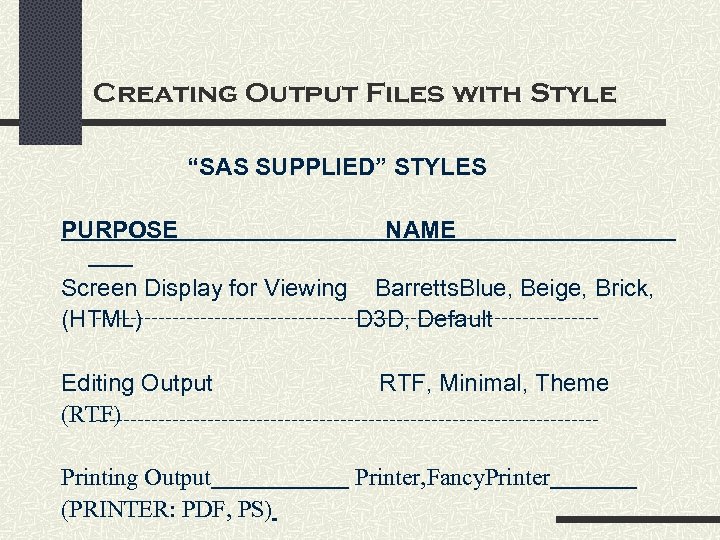 Creating Output Files with Style “SAS SUPPLIED” STYLES PURPOSE NAME Screen Display for Viewing