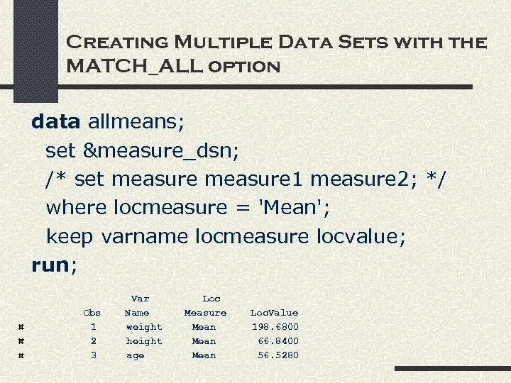 Creating Multiple Data Sets with the MATCH_ALL option data allmeans; set &measure_dsn; /* set