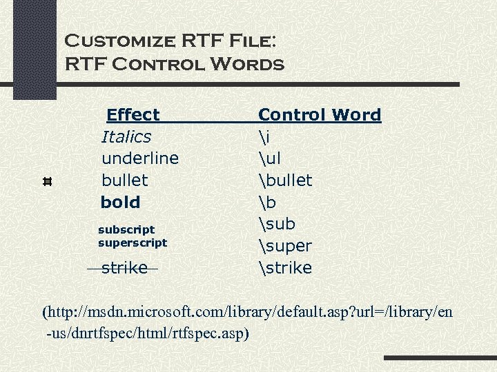 Customize RTF File: RTF Control Words Effect Italics underline bullet bold subscript superscript strike