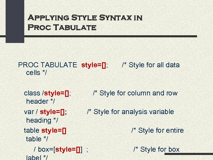 Applying Style Syntax in Proc Tabulate PROC TABULATE style=[]; /* Style for all data