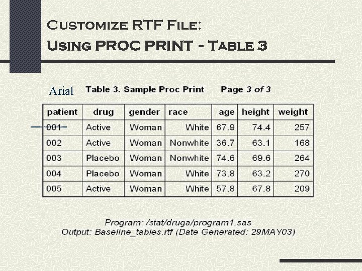 Customize RTF File: Using PROC PRINT - Table 3 Arial 