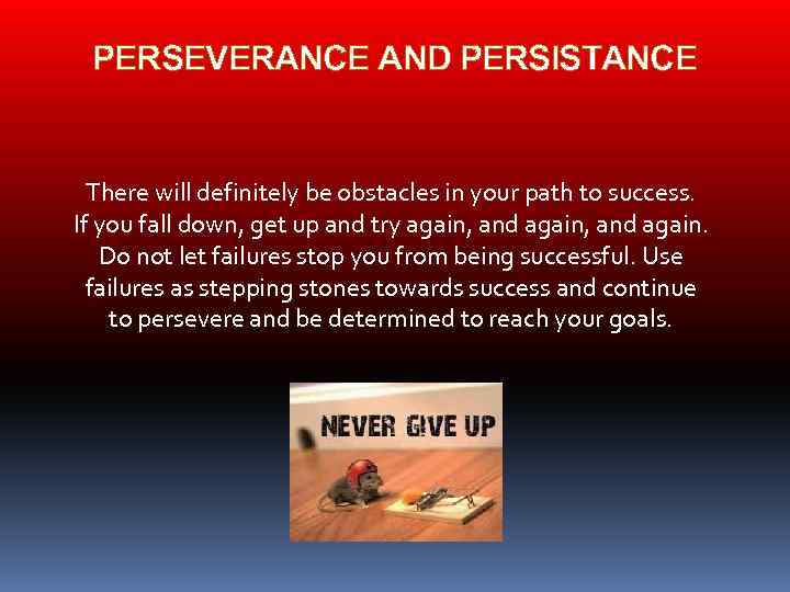  PERSEVERANCE AND PERSISTANCE There will definitely be obstacles in your path to success.