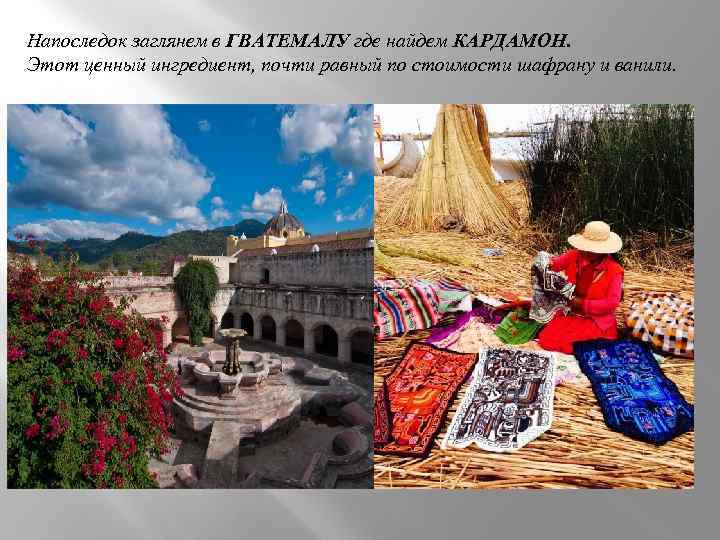 Напоследок заглянем в ГВАТЕМАЛУ где найдем КАРДАМОН. Этот ценный ингредиент, почти равный по стоимости