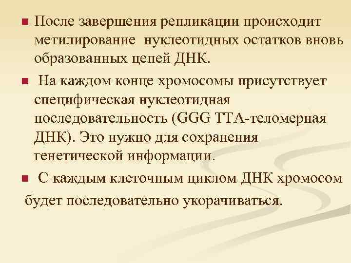 После завершения репликации происходит метилирование нуклеотидных остатков вновь образованных цепей ДНК. n На каждом