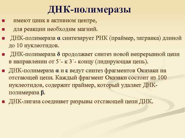 ДНК-полимеразы n n n имеют цинк в активном центре, для реакции необходим магний. ДНК-полимераза