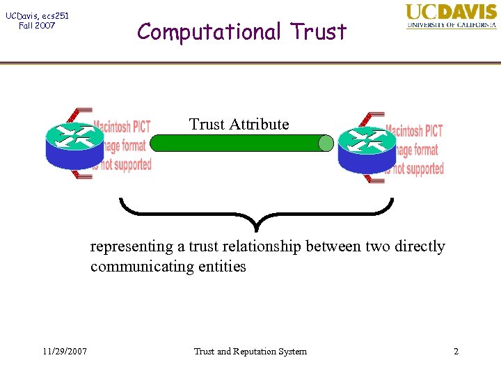 UCDavis, ecs 251 Fall 2007 Computational Trust Attribute representing a trust relationship between two