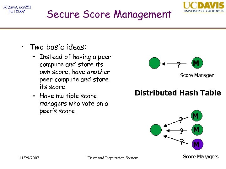 UCDavis, ecs 251 Fall 2007 Secure Score Management • Two basic ideas: – Instead