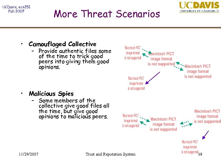 UCDavis, ecs 251 Fall 2007 More Threat Scenarios • Camouflaged Collective – Provide authentic