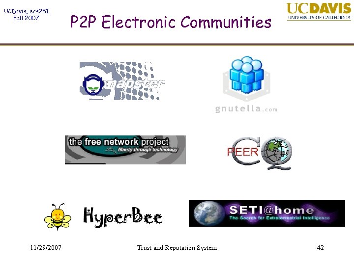 UCDavis, ecs 251 Fall 2007 11/29/2007 P 2 P Electronic Communities Trust and Reputation