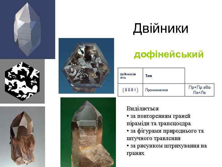 Двійники дофінейський Двійникова вісь { 0 0 0 1 } Тип Проникнення Пр+Пр або