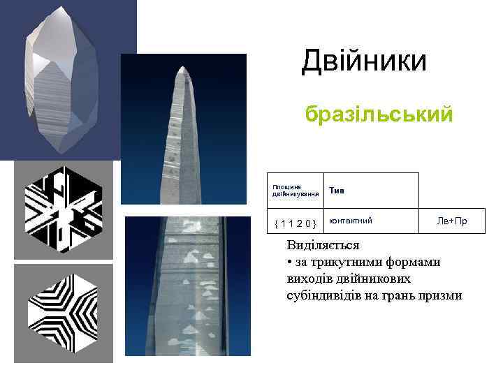 Двійники бразільський Площина двійникування { 1 1 2 0 } Тип контактний Лв+Пр Виділяється