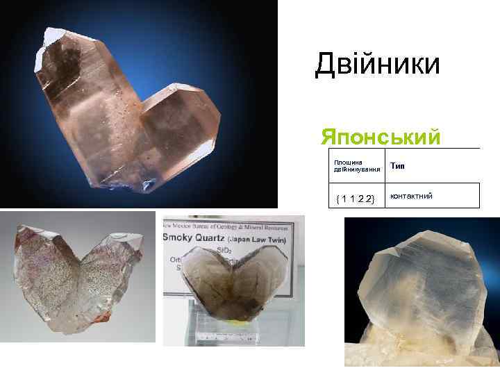 Двійники Японський Площина двійникування { 1 1 2 2} Тип контактний 