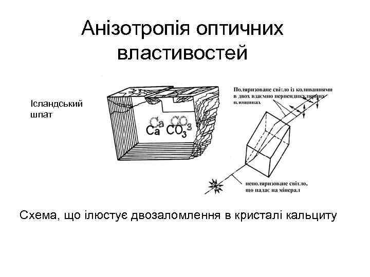 Анізотропія оптичних властивостей Ісландський шпат Схема, що ілюстує двозаломлення в кристалі кальциту 