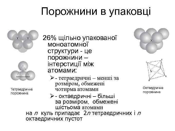 Порожнини в упаковці 26% щільно упакованої моноатомної структури - це порожнини – інтерстиції між