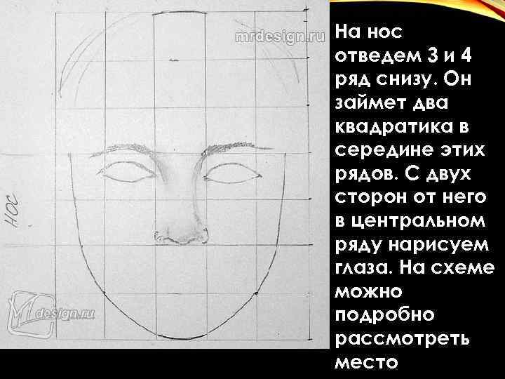 На нос отведем 3 и 4 ряд снизу. Он займет два квадратика в середине
