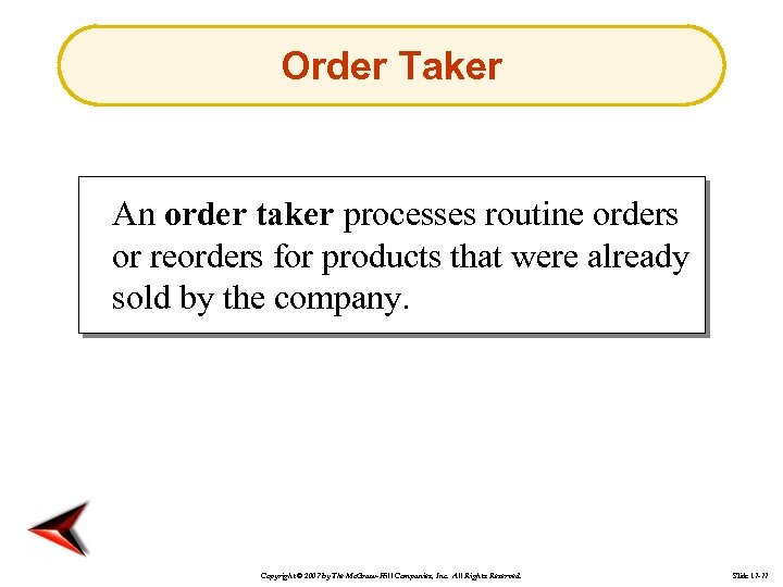 Order Taker An order taker processes routine orders or reorders for products that were