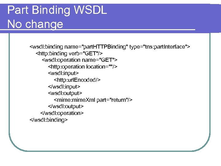 Part Binding WSDL No change <wsdl: binding name="part. HTTPBinding" type="tns: part. Interface"> <http: binding