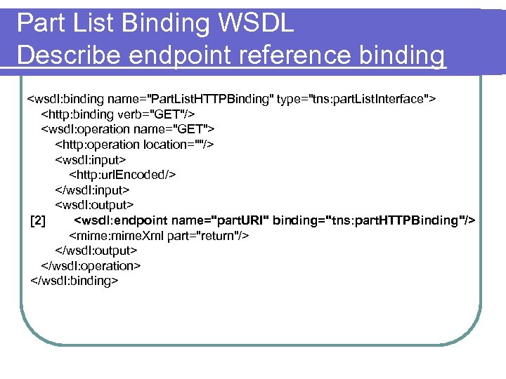 Part List Binding WSDL Describe endpoint reference binding <wsdl: binding name="Part. List. HTTPBinding" type="tns: