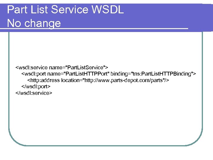 Part List Service WSDL No change <wsdl: service name="Part. List. Service"> <wsdl: port name="Part.