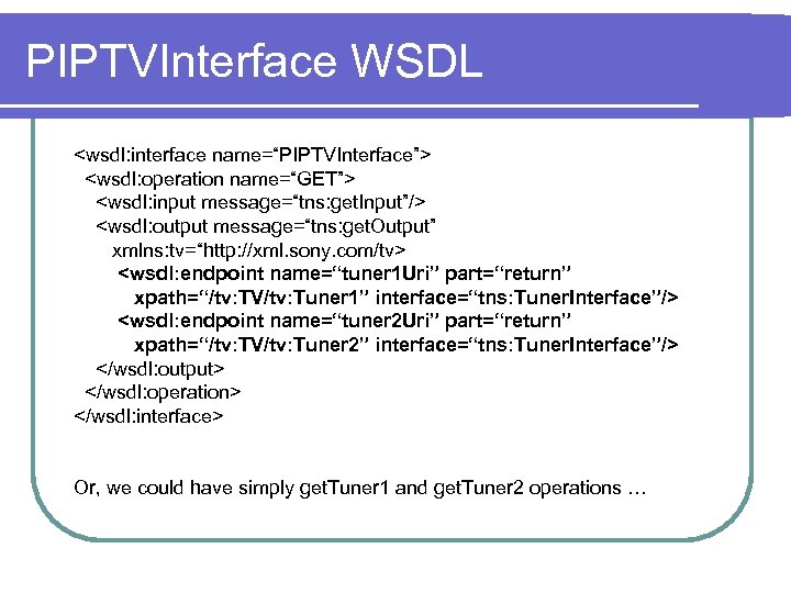 PIPTVInterface WSDL <wsdl: interface name=“PIPTVInterface”> <wsdl: operation name=“GET”> <wsdl: input message=“tns: get. Input”/> <wsdl: