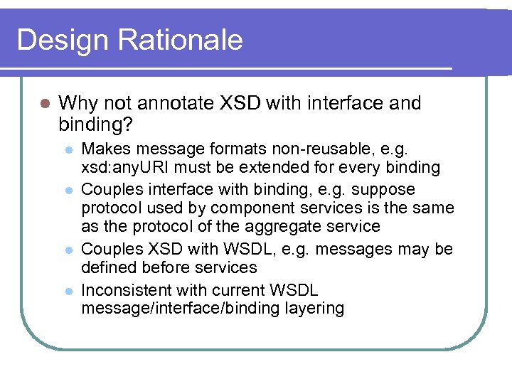 Design Rationale l Why not annotate XSD with interface and binding? l l Makes