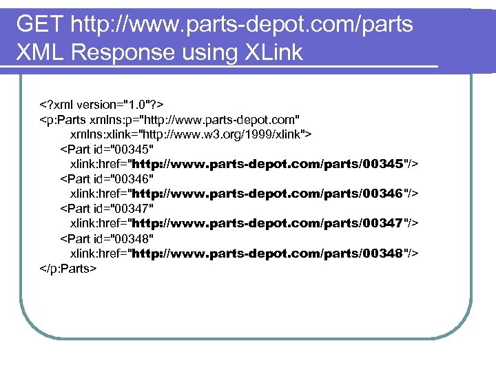 GET http: //www. parts-depot. com/parts XML Response using XLink <? xml version="1. 0"? >