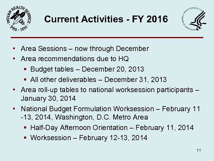 Current Activities - FY 2016 • Area Sessions – now through December • Area