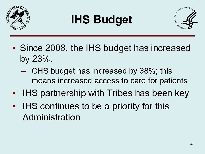 IHS Budget • Since 2008, the IHS budget has increased by 23%. – CHS
