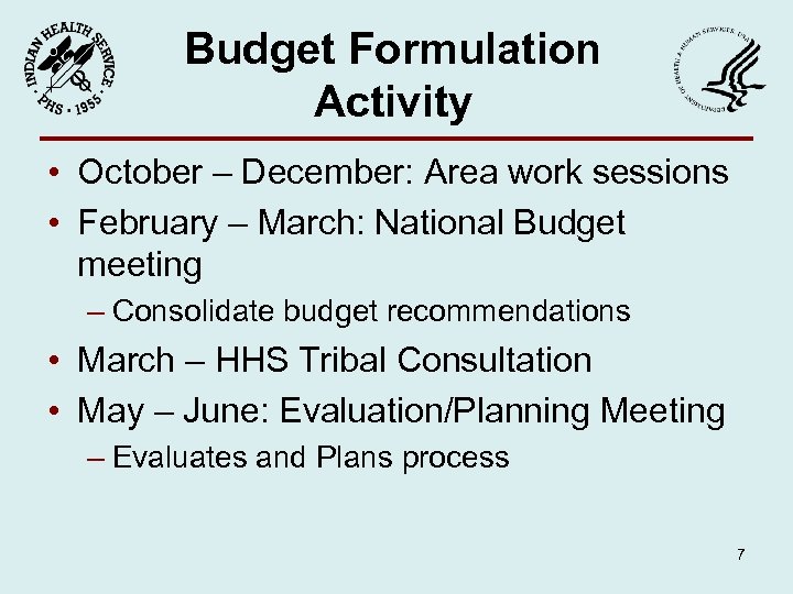 Budget Formulation Activity • October – December: Area work sessions • February – March: