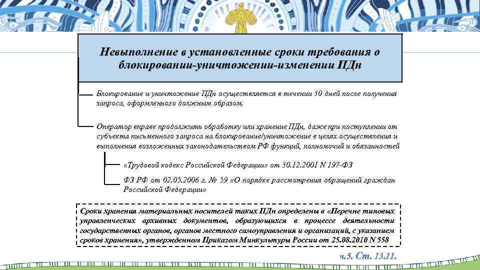 Невыполнение в установленные сроки требования о блокировании-уничтожении-изменении ПДн Блокирование и уничтожение ПДн осуществляется в