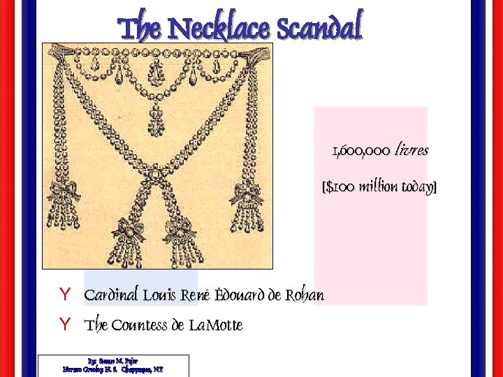 The Necklace Scandal 1, 600, 000 livres [$100 million today] Y Cardinal Louis René