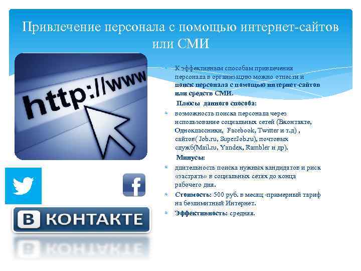 Привлечение персонала с помощью интернет-сайтов или СМИ К эффективным способам привлечения персонала в организацию