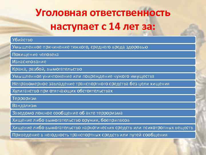 Уголовная ответственность наступает с 14 лет за: Убийство Умышленное причинение тяжкого, среднего вреда здоровью